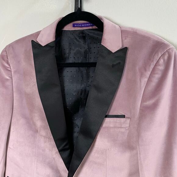Retro Paris Velvet Blazer Pink Blush Black Satin Lapel Slim Fit 38S Formal - Picture 3 of 10